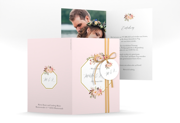Einladungskarte Hochzeit Prachtvoll A6 Klappkarte hoch rosa hochglanz