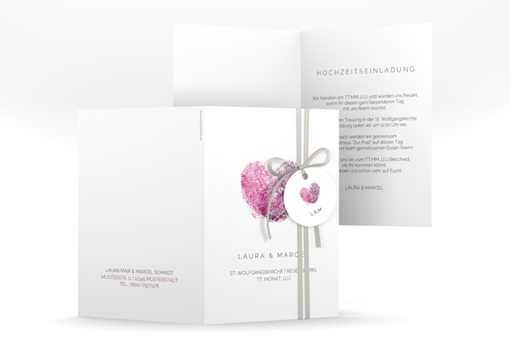 Einladungskarte Hochzeit Fingerprint A6 Klappkarte hoch pink schlicht mit Fingerabdruck-Motiv