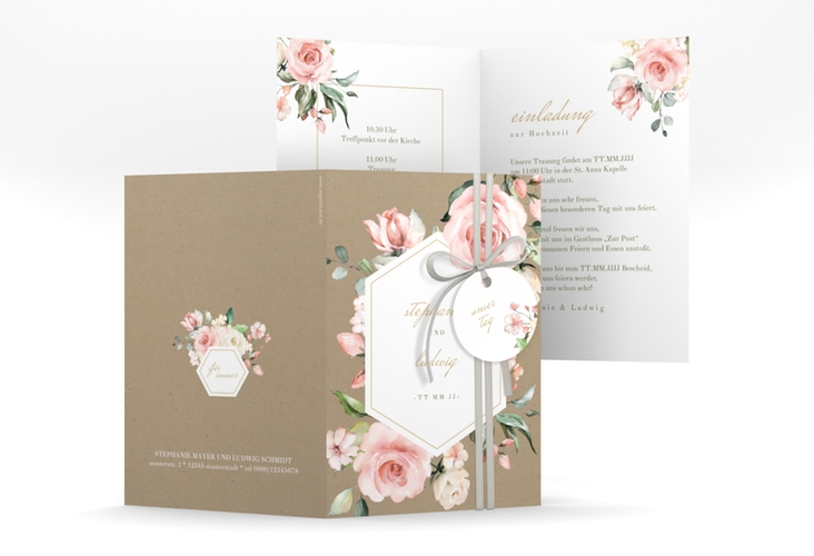 Einladungskarte Hochzeit Graceful A6 Klappkarte hoch mit Rosenblüten in Rosa und Weiß