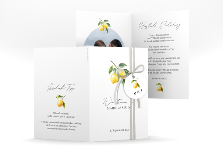Einladungskarte Hochzeit Zitronen A6 Klappkarte hoch weiss für mediterrane Zitrushochzeit