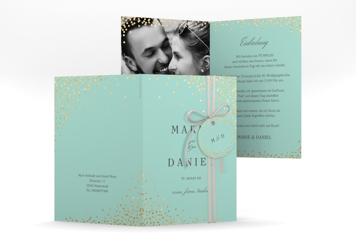 Einladungskarte Hochzeit Glitter A6 Klappkarte hoch mint hochglanz