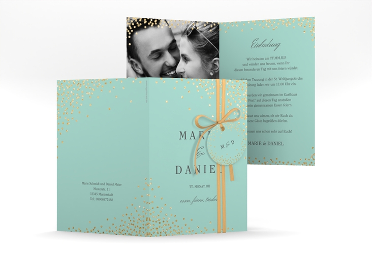 Einladungskarte Hochzeit Glitter A6 Klappkarte hoch mint hochglanz