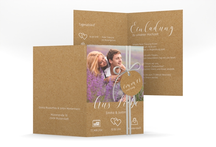 Einladungskarte Hochzeit Timetable A6 Klappkarte hoch Kraftpapier