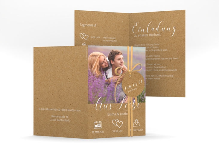 Einladungskarte Hochzeit Timetable A6 Klappkarte hoch Kraftpapier