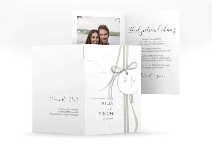 Hochzeitseinladung Eheschließung A6 Klappkarte hoch weiss hochglanz mit Gräsern und Trockenblumen für Boho-Hochzeit