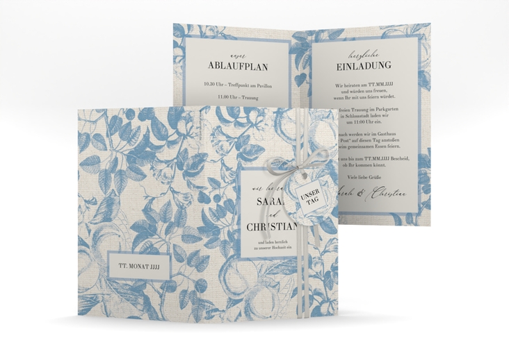 Einladungskarte Hochzeit Toile A6 Klappkarte hoch blau hochglanz mit Blättermuster im Toile-de-Jouy-Stil