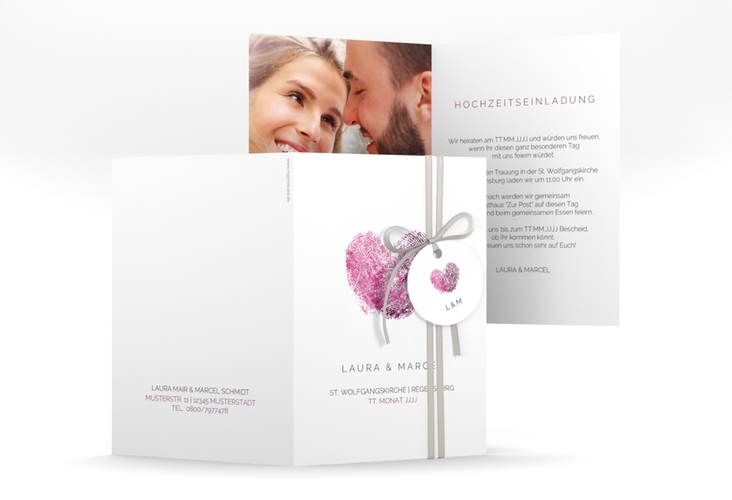 Einladungskarte Hochzeit Fingerprint A6 Klappkarte hoch schlicht mit Fingerabdruck-Motiv
