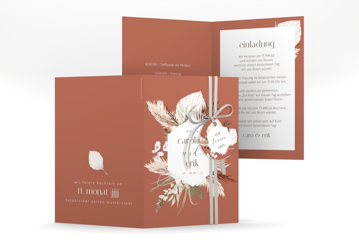 Einladungskarte Hochzeit Bohemian A6 Klappkarte hoch orange mit Gräsern und Trockenblumen für Boho-Hochzeit