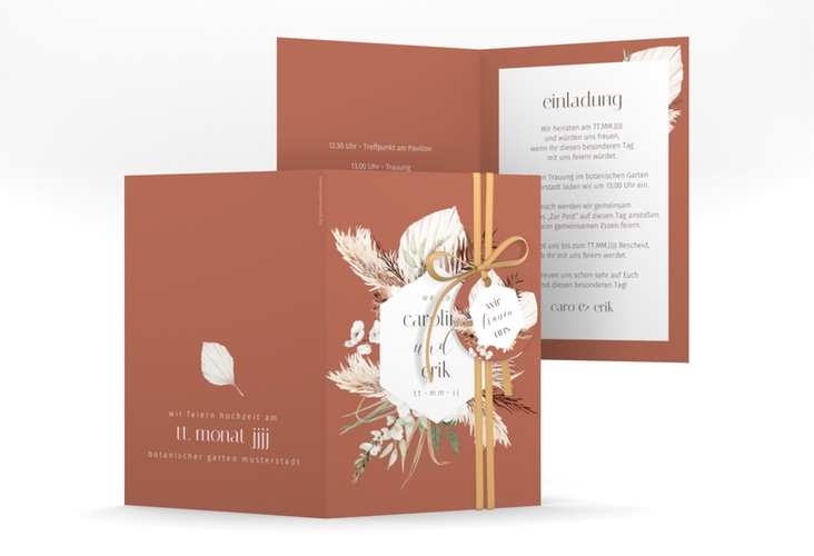 Einladungskarte Hochzeit Bohemian A6 Klappkarte hoch orange mit Gräsern und Trockenblumen für Boho-Hochzeit