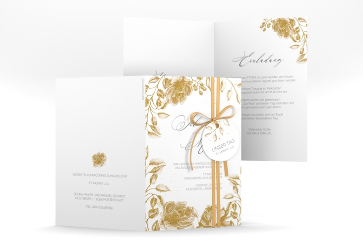 Einladungskarte Hochzeit Blattgold A6 Klappkarte hoch gold