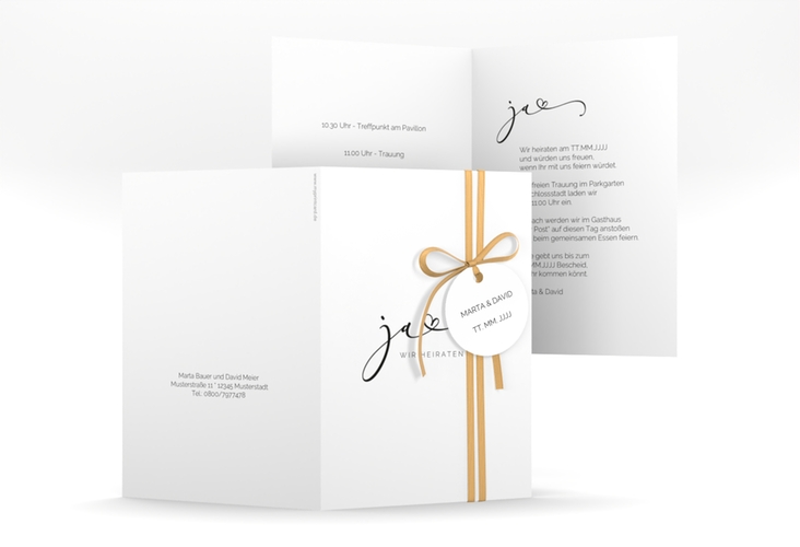 Hochzeitseinladung Jawort A6 Klappkarte hoch weiss hochglanz modern minimalistisch mit veredelter Aufschrift