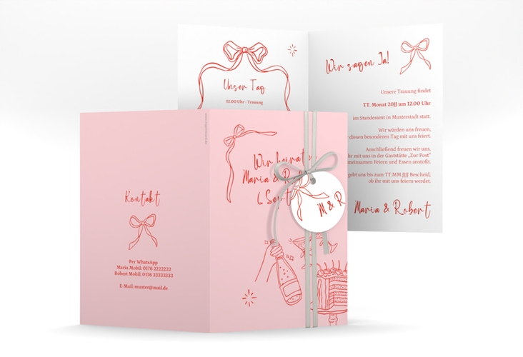 Einladungskarte Hochzeit Doodle A6 Klappkarte hoch rosa