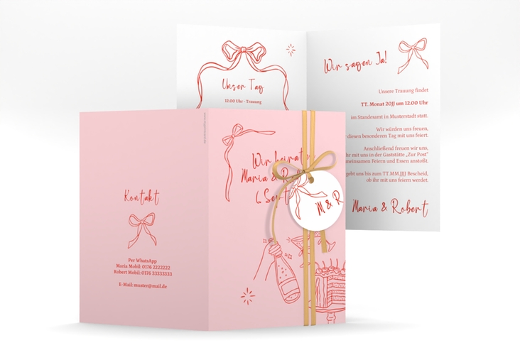 Einladungskarte Hochzeit Doodle A6 Klappkarte hoch rosa