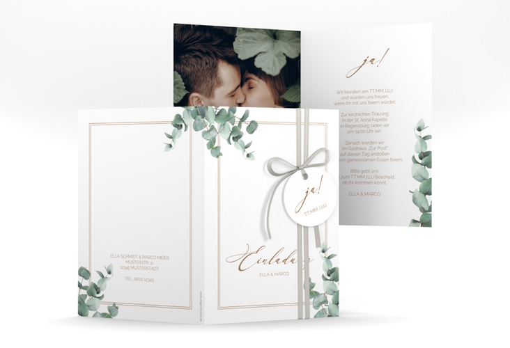 Einladungskarte Hochzeit Eucalypt A6 Klappkarte hoch weiss mit Eukalyptus und edlem Rahmen