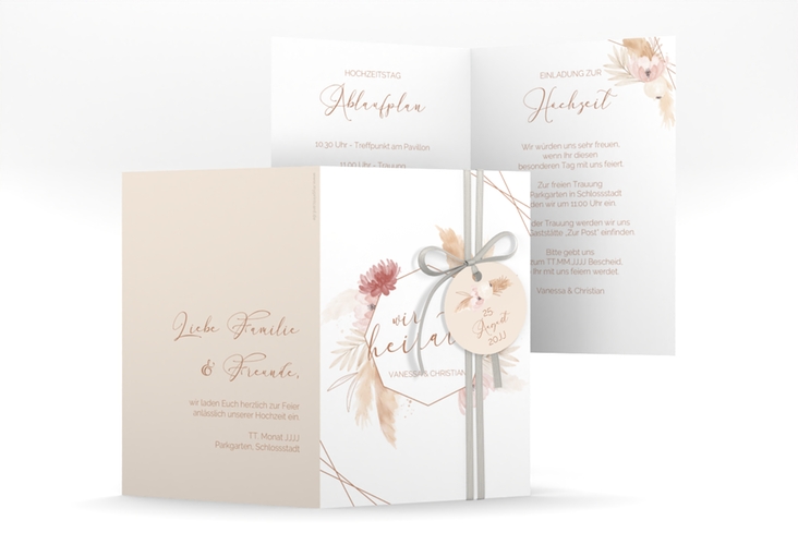 Einladungskarte Hochzeit Bohostyle A6 Klappkarte hoch beige hochglanz mit Pampasgras in Aquarell