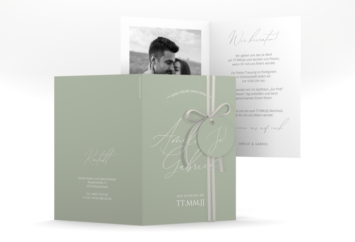 Einladungskarte Hochzeit Federschrift A6 Klappkarte hoch gruen in schlichtem Design mit Kalligrafie