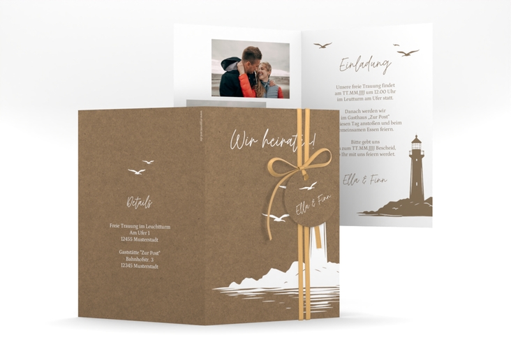 Einladungskarte Hochzeit Leuchtturm A6 Klappkarte hoch Kraftpapier