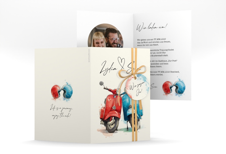 Einladungskarte Hochzeit Retro Roller A6 Klappkarte hoch mit zwei aneinander gelehnten Motorrollern