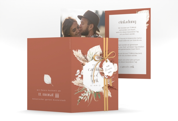 Einladungskarte Hochzeit Bohemian A6 Klappkarte hoch orange mit Gräsern und Trockenblumen für Boho-Hochzeit