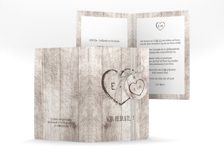 Einladungskarte Hochzeit Wood A6 Klappkarte hoch weiss hochglanz