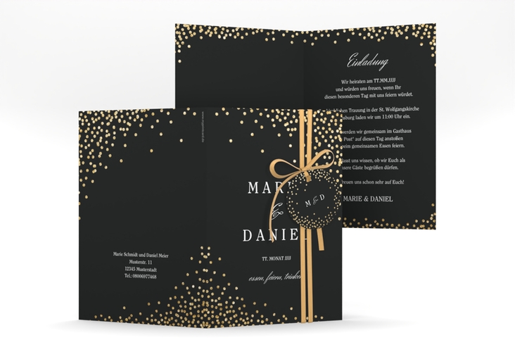 Einladungskarte Hochzeit Glitter A6 Klappkarte hoch schwarz hochglanz