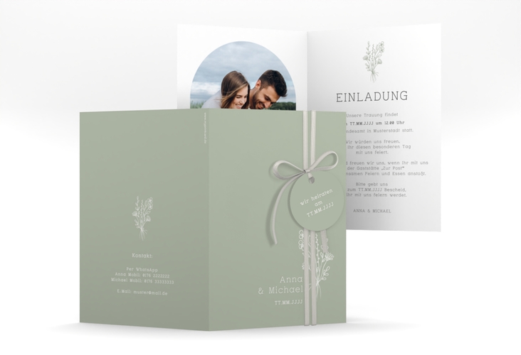 Einladungskarte Hochzeit Zarte Wildblumen A6 Klappkarte hoch gruen
