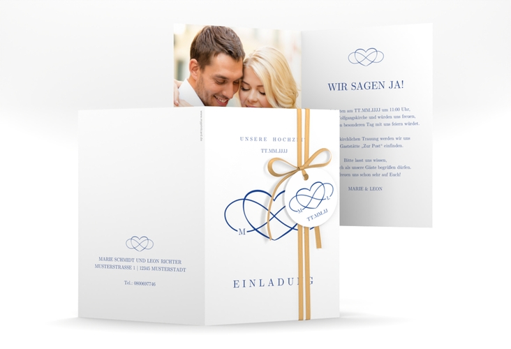 Einladungskarte Hochzeit Infinity A6 Klappkarte hoch blau