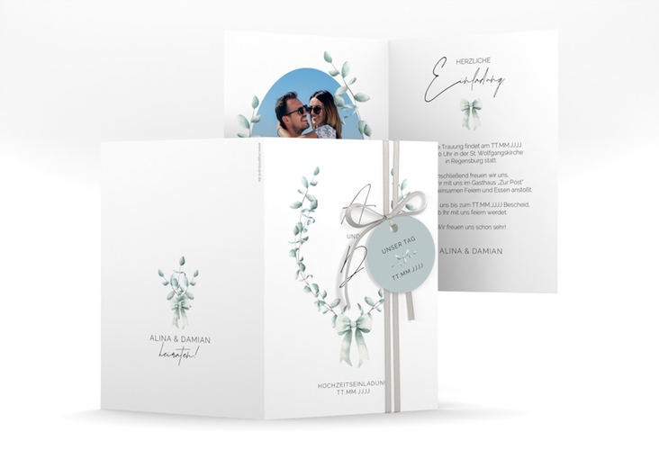Einladungskarte Hochzeit Eucalypt Bow A6 Klappkarte hoch gruen hochglanz