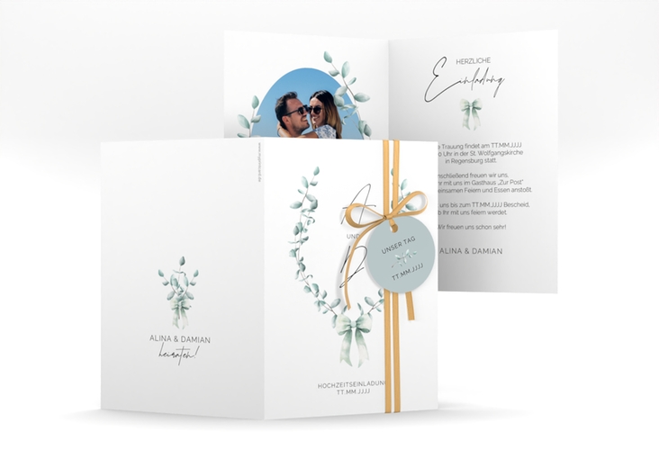 Einladungskarte Hochzeit Eucalypt Bow A6 Klappkarte hoch gruen hochglanz