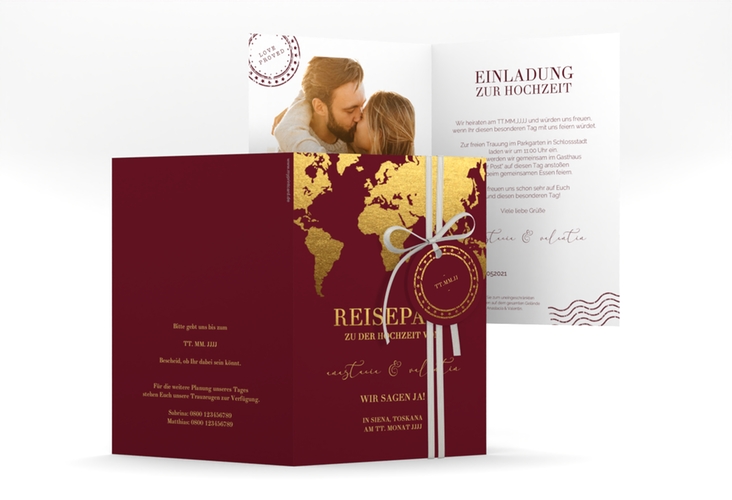Einladungskarte Hochzeit Traumziel A6 Klappkarte hoch im Reisepass-Design