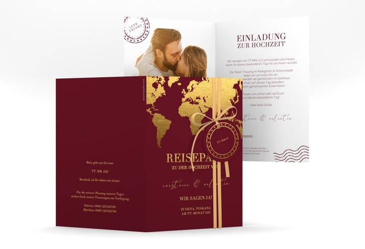 Einladungskarte Hochzeit Traumziel A6 Klappkarte hoch im Reisepass-Design