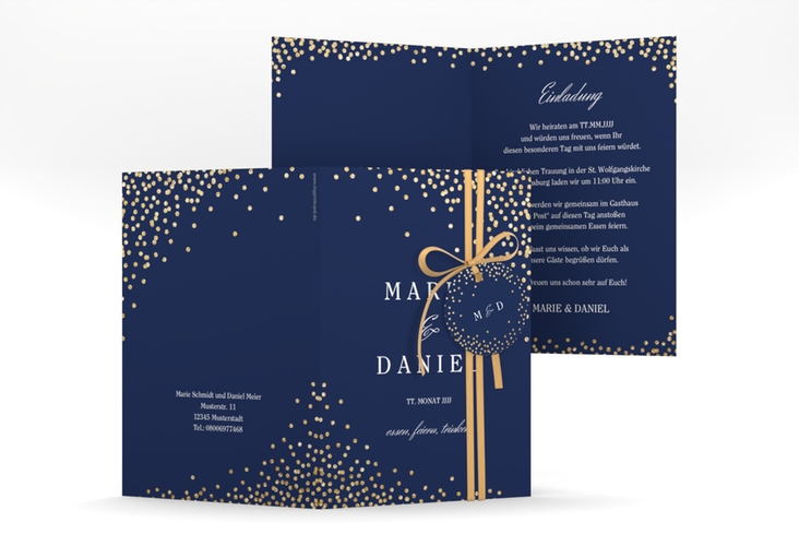 Einladungskarte Hochzeit Glitter A6 Klappkarte hoch blau hochglanz