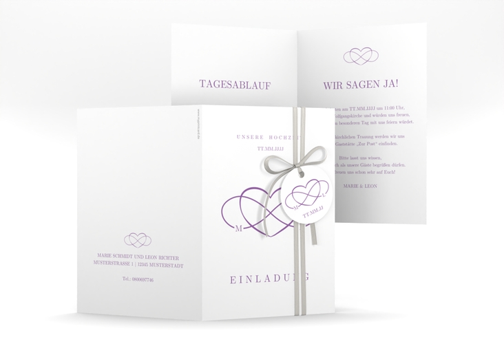 Einladungskarte Hochzeit Infinity A6 Klappkarte hoch lila hochglanz