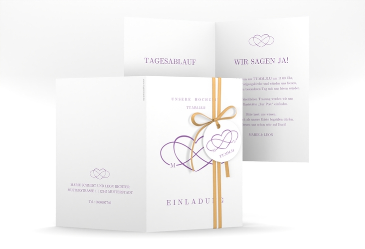 Einladungskarte Hochzeit Infinity A6 Klappkarte hoch lila hochglanz