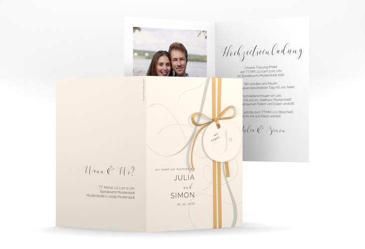 Hochzeitseinladung Eheschließung A6 Klappkarte hoch beige hochglanz mit Gräsern und Trockenblumen für Boho-Hochzeit