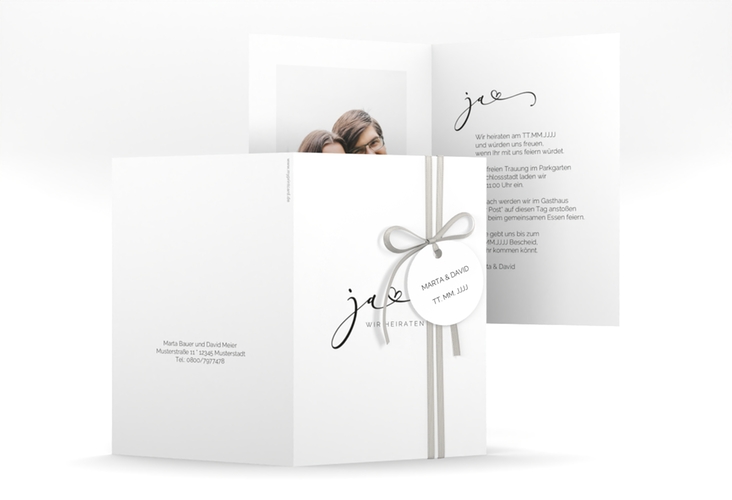 Hochzeitseinladung Jawort A6 Klappkarte hoch weiss hochglanz modern minimalistisch mit veredelter Aufschrift