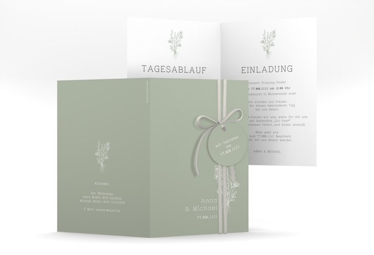 Einladungskarte Hochzeit Zarte Wildblumen A6 Klappkarte hoch gruen hochglanz