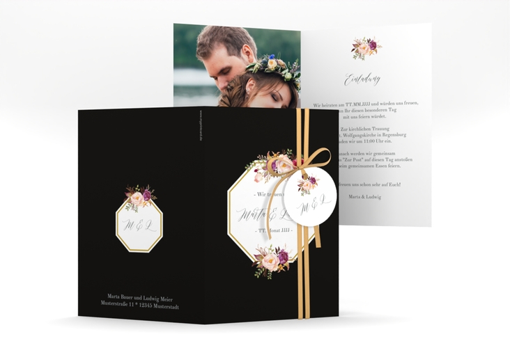 Einladungskarte Hochzeit Prachtvoll A6 Klappkarte hoch schwarz hochglanz