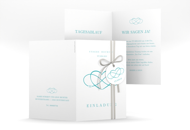 Einladungskarte Hochzeit Infinity A6 Klappkarte hoch tuerkis hochglanz