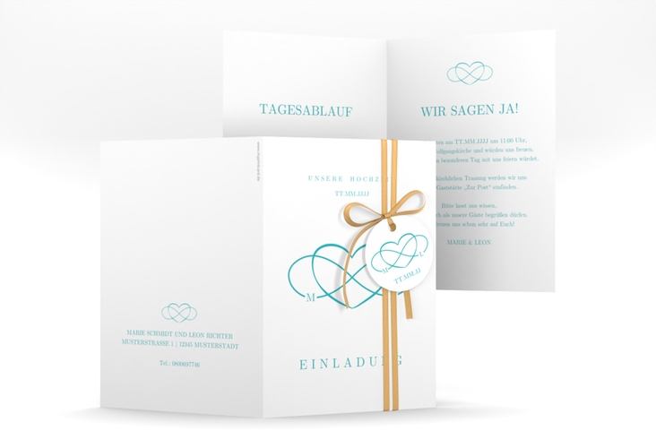 Einladungskarte Hochzeit Infinity A6 Klappkarte hoch tuerkis hochglanz