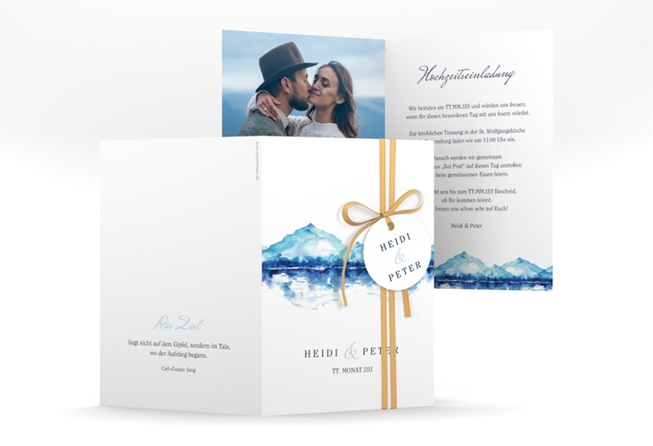Einladungskarte Hochzeit Bergliebe A6 Klappkarte hoch hochglanz mit Gebirgspanorama für Berghochzeit