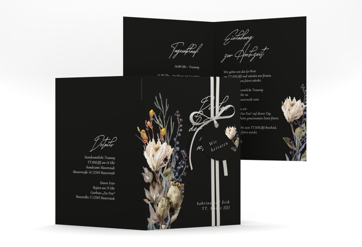 Einladungskarte Hochzeit Darkflower A6 Klappkarte hoch schwarz