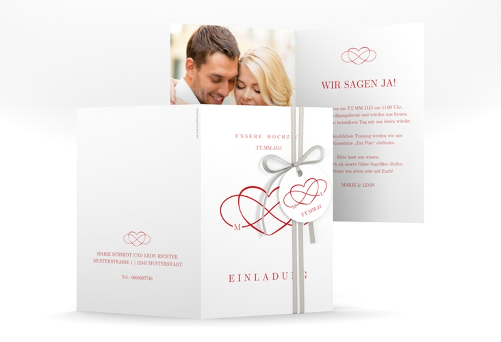 Einladungskarte Hochzeit Infinity A6 Klappkarte hoch rot hochglanz