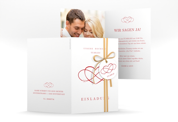 Einladungskarte Hochzeit Infinity A6 Klappkarte hoch rot hochglanz
