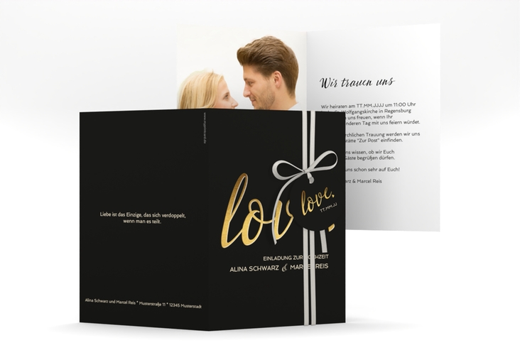 Einladungskarte Hochzeit Glam A6 Klappkarte hoch schwarz hochglanz