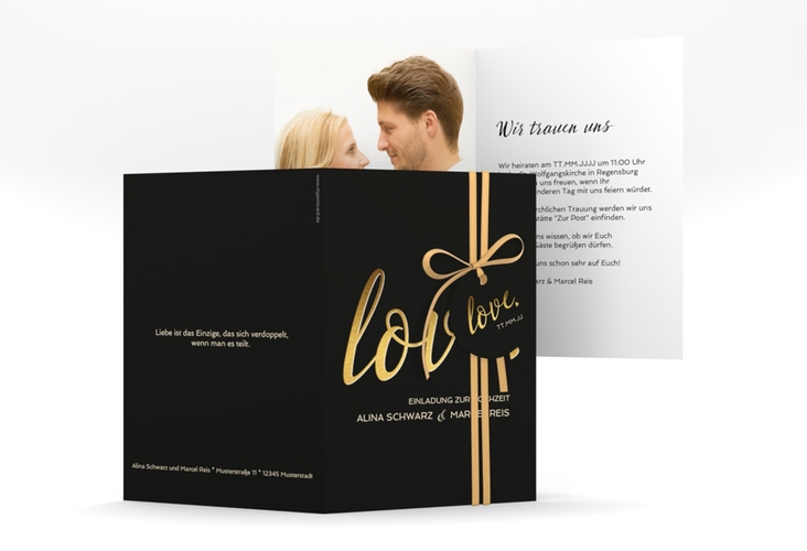 Einladungskarte Hochzeit Glam A6 Klappkarte hoch schwarz hochglanz