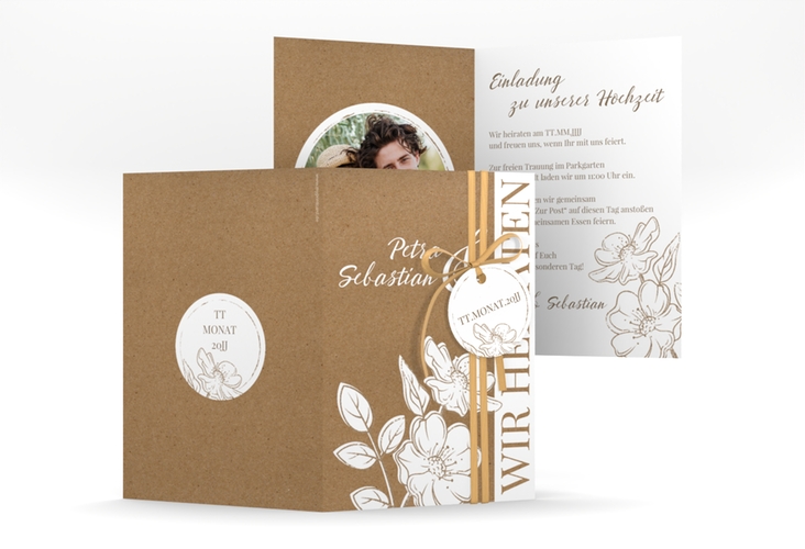 Einladungskarte Hochzeit Windflower A6 Klappkarte hoch Kraftpapier mit Wildrosen