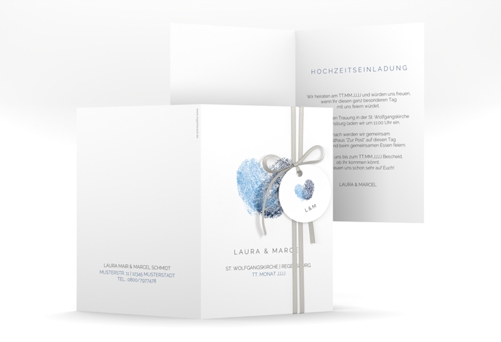 Einladungskarte Hochzeit Fingerprint A6 Klappkarte hoch blau hochglanz schlicht mit Fingerabdruck-Motiv