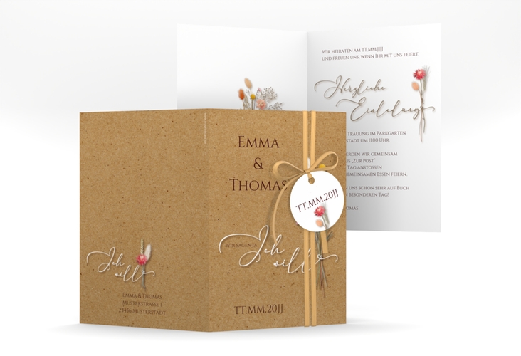 Einladungskarte Hochzeit Flowerbunch A6 Klappkarte hoch Kraftpapier mit Strauß aus Trockenblumen