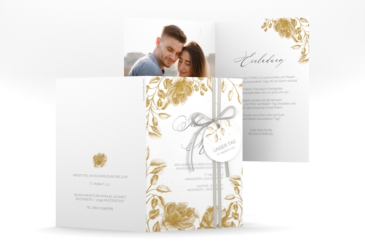 Einladungskarte Hochzeit Blattgold A6 Klappkarte hoch gold